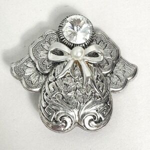 Angel Brooch Pin Silver Tone Rhinestone Pearl JANE Signed Holiday Jewelry 90s